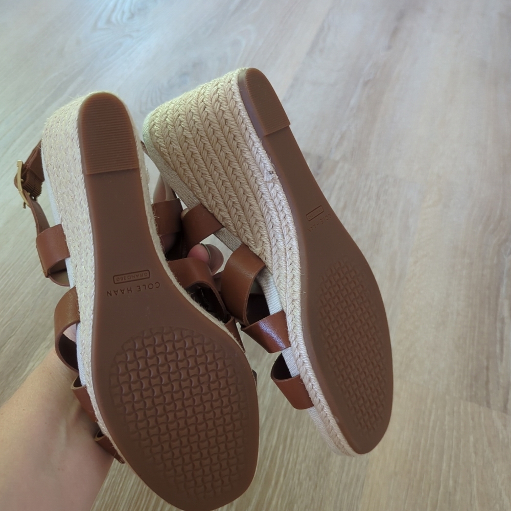 NEW COLE HAAN Crystal Wedge Strappy Leather Sandals, Honey Sz8 - Picture 5 of 6